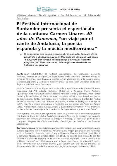 El Festival Internacional de Santander presenta el espectáculo de la cantaora Carmen Linares 40 años de flamenco