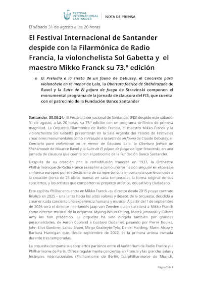 El 73º FIS se despide con la Filarmónica de Radio Francia, la violonchelista Sol Gabetta y el maestro Mikko Franck El 73º FIS se despide con la Filarmónica de Radio Francia, la violonchelista Sol Gabetta y el maestro Mikko Franck