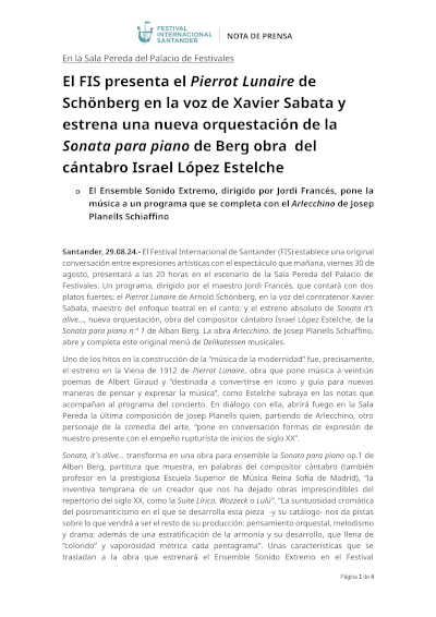El FIS presenta el Pierrot Lunaire de Schönberg con Xavier Sabata y la Sonata para piano de Berg
