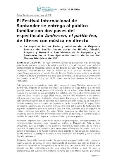 El 73º FIS se entrega al público familiar con dos pases del espectáculo Andersen, el patito feo, de títeres con música en directo
