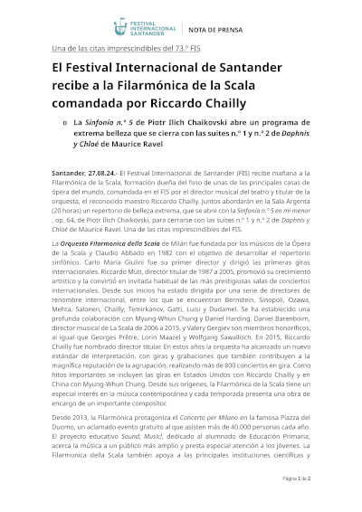 El Festival Internacional de Santander recibe a la Filarmónica de la Scala comandada por Riccardo Chailly