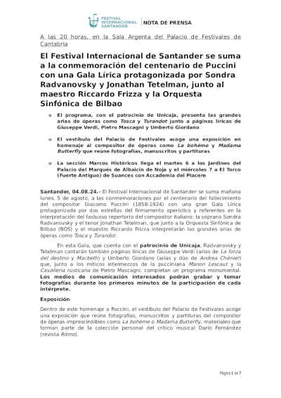El Festival Internacional de Santander se suma a la conmemoración del centenario de Puccini El Festival Internacional de Santander se suma a la conmemoración del centenario de Puccini
