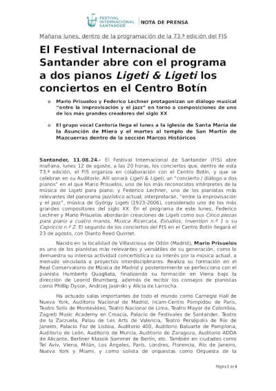 El Festival Internacional de Santander abre con el programa a dos pianos Ligeti & Ligeti los conciertos en el Centro Botín