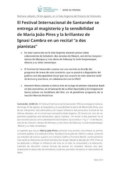 El Festival Internacional de Santander se entrega al magisterio y sensibilidad de Maria João Pires y la brillantez de Ignasi Cambra