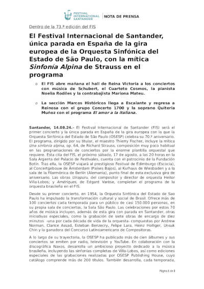 El 73º FIS, única parada en España de la Orquesta Sinfónica del Estado de São Paulo con Una sinfonía alpina de Strauss