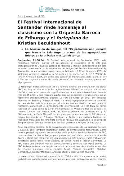 El 73º FIS rinde homenaje al clasicismo con la Orquesta Barroca de Friburgo y el fortepiano de Kristian Bezuidenhout