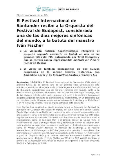 El Festival Internacional de Santander recibe a la Orquesta del Festival de Budapest, bajo la batuta del maestro Iván Fischer