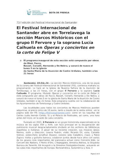El Festival Internacional de Santander abre en Torrelavega la sección Marcos Históricos