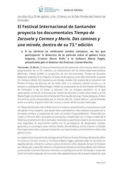 El Festival Internacional de Santander proyecta los documentales Tiempo de Zarzuela y Carmen y María. Dos caminos y una mirada