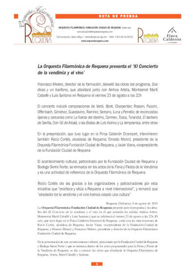 La Orquesta Filarmónica de Requena presenta el «XI Concierto de la vendimia y el vino»