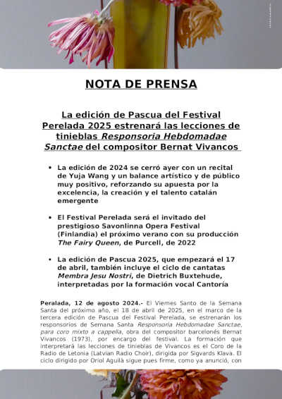 La edición de Pascua del Festival Perelada 2025 estrenará las lecciones de tinieblas Responsoria Hebdomadae Sanctae