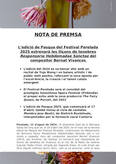 La edición de Pascua del Festival Perelada 2025 estrenará las lecciones de tinieblas Responsoria Hebdomadae Sanctae