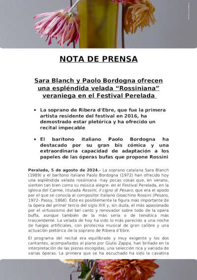Sara Blanch y Paolo Bordogna ofrecen una espléndida velada “Rossiniana” veraniega en el Festival Perelada Sara Blanch y Paolo Bordogna ofrecen una espléndida velada “Rossiniana” veraniega en el Festival Perelada