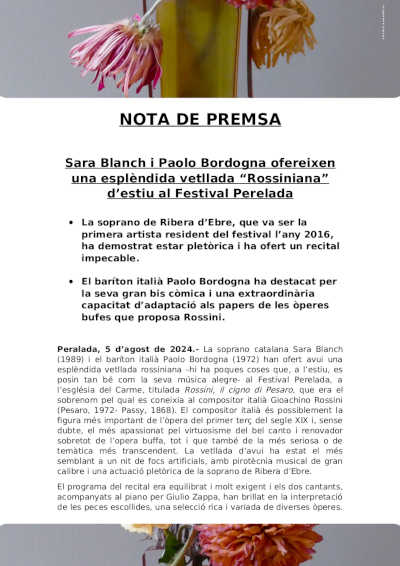 Sara Blanch y Paolo Bordogna ofrecen una espléndida velada “Rossiniana” veraniega en el Festival Perelada Sara Blanch y Paolo Bordogna ofrecen una espléndida velada “Rossiniana” veraniega en el Festival Perelada