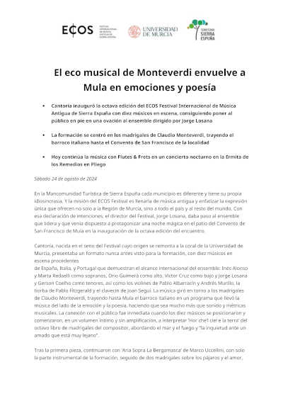 Jornada inaugural de la octava edición del ECOS Festival con Monteverdi en Mula