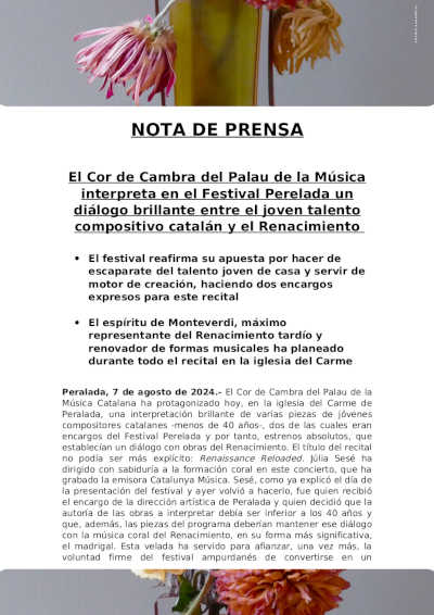 El Cor de Cambra del Palau de la Música interpreta un diálogo brillante en el Festival Perelada El Cor de Cambra del Palau de la Música interpreta un diálogo brillante en el Festival Perelada