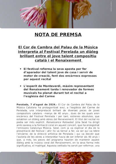 El Cor de Cambra del Palau de la Música interpreta un diálogo brillante en el Festival Perelada El Cor de Cambra del Palau de la Música interpreta un diálogo brillante en el Festival Perelada