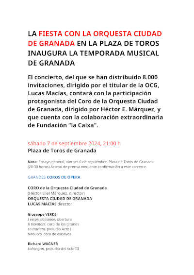Evento aplazado: La Fiesta con la Orquesta Ciudad de Granada en la Plaza de Toros de la ciudad inaugura su temporada musical Evento aplazado: La Fiesta con la Orquesta Ciudad de Granada en la Plaza de Toros de la ciudad inaugura su temporada musical