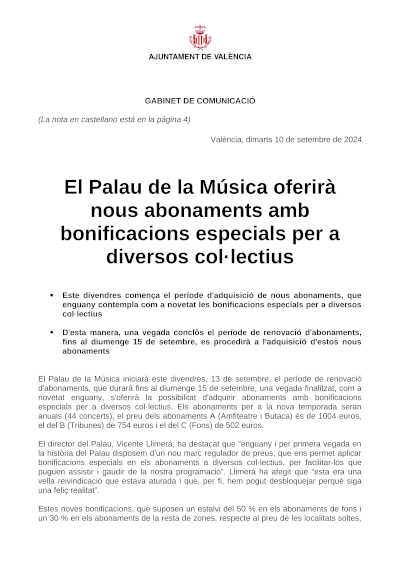 El Palau de la Música ofrecerá nuevos abonos con bonificaciones especiales para diversos colectivos