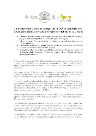 La Temporada Lírica de Amigos de la Ópera comienza con La Bohème en una jornada de regresos y debuts en A Coruña La Temporada Lírica de Amigos de la Ópera comienza con La Bohème en una jornada de regresos y debuts en A Coruña