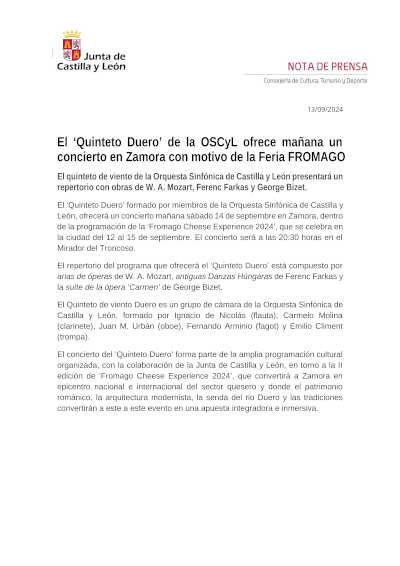 El «Quinteto Duero» de la OSCyL ofrece mañana un concierto en Zamora con motivo de la Feria FROMAGO