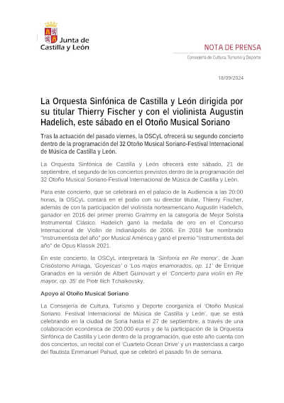 La Orquesta Sinfónica de Castilla y León dirigida por su titular Thierry Fischer y con el violinista Augustin Hadelich