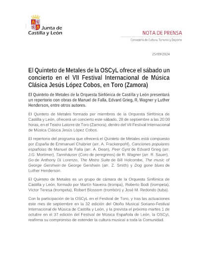 El Quinteto de Metales de la OSCyL ofrece un concierto en el VII Festival Internacional de Música Clásica Jesús López Cobos