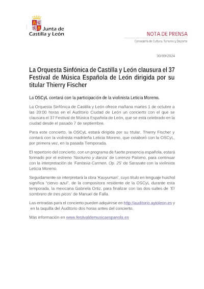 La Orquesta Sinfónica de Castilla y León clausura el 37 Festival de Música Española de León dirigida por su titular Thierry Fischer