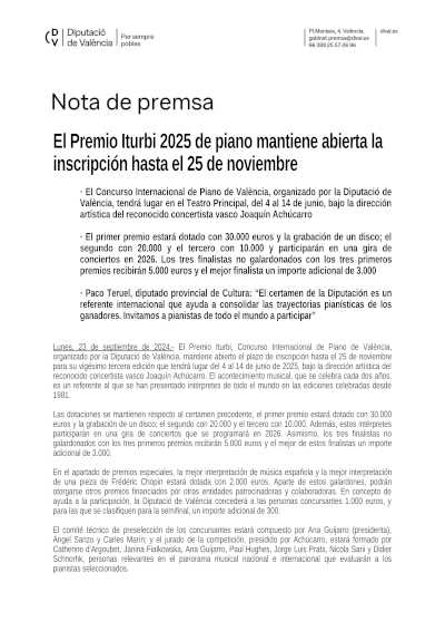 El Premio Iturbi 2025 de piano mantiene abierta la inscripción hasta el 25 de noviembre