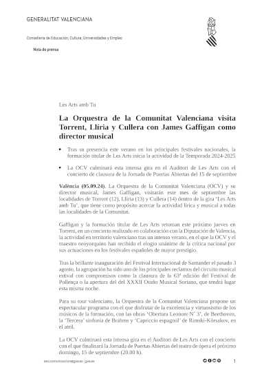 La Orquestra de la Comunitat Valenciana visita Torrent, Llíria y Cullera con James Gaffigan como director musical