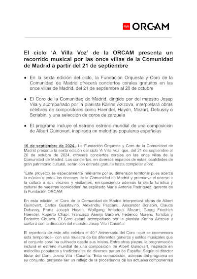 El ciclo «A Villa Voz» de la ORCAM presenta un recorrido musical por las once villas de la Comunidad de Madrid
