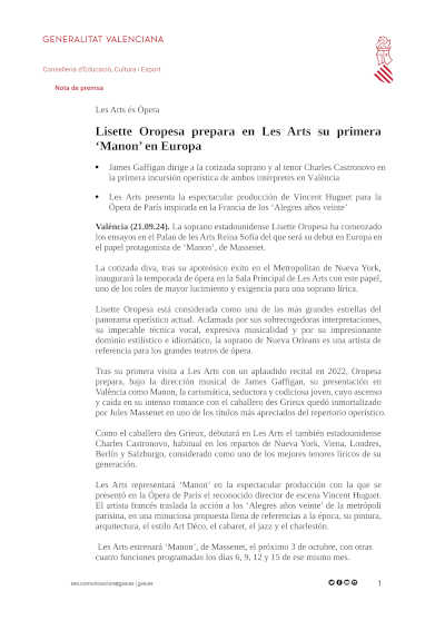 Lisette Oropesa prepara en Les Arts su primera «Manon» en Europa
