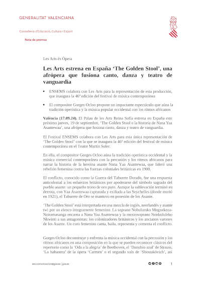 Les Arts estrena en España «The Golden Stool», una afrópera que fusiona canto, danza y teatro de vanguardia