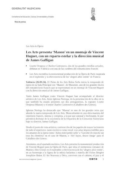 Les Arts presenta «Manon» en un montaje de Vincent Huguet, con un reparto estelar y la dirección musical de James Gaffigan