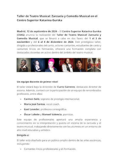 Taller de Teatro Musical: Zarzuela y Comedia Musical en el Centro Superior Katarina Gurska