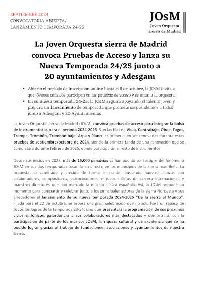 Nuevo Plazo: La Joven Orquesta sierra de Madrid convoca Pruebas de Acceso y lanza su Nueva Temporada 24/25