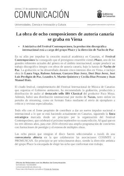 La obra de ocho composiciones de autoría canaria  se graba en Viena