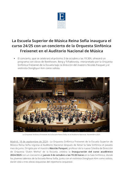La Escuela Superior de Música Reina Sofía inaugura el curso 24/25 con un concierto de la Orquesta Sinfónica Freixenet