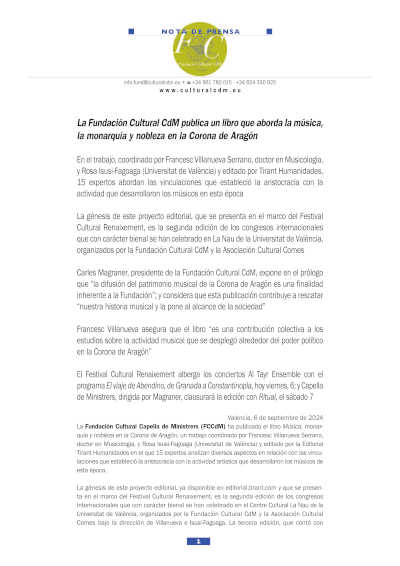 La Fundación Cultural CdM publica un libro que aborda la música, la monarquía y nobleza en la Corona de Aragón