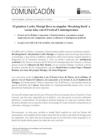 El pianista Carles Marigó lleva su singular «Breaking Bach» a varias islas con el Festival Contemporáneo El pianista Carles Marigó lleva su singular «Breaking Bach» a varias islas con el Festival Contemporáneo