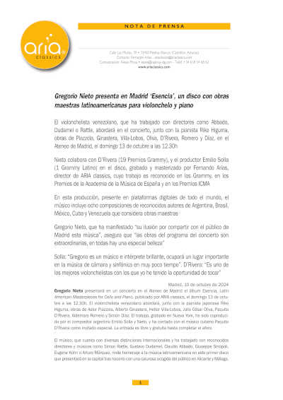 Gregorio Nieto presenta en Madrid «Esencia», un disco con obras maestras latinoamericanas para violonchelo y piano
