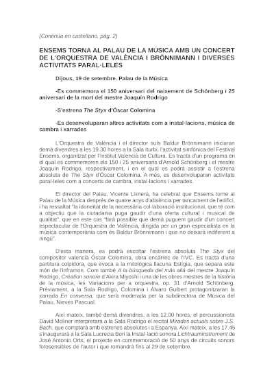 ENSEMS vuelve al Palau de la Música con un concierto de la Orquesta de València y Brönnimann