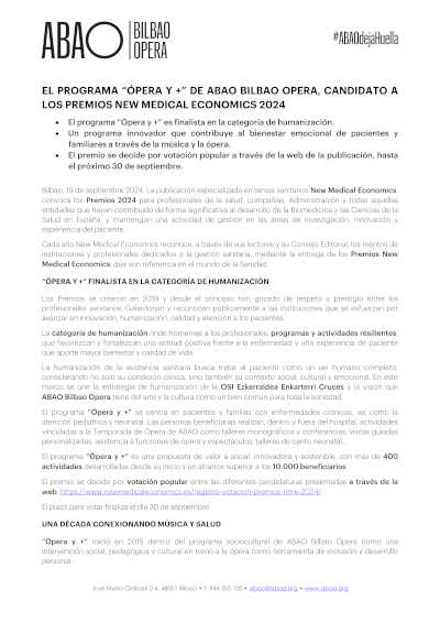 El programa «Ópera y +» de ABAO Bilbao Opera, candidato a los premios New Medical Economics 2024 El programa «Ópera y +» de ABAO Bilbao Opera, candidato a los premios New Medical Economics 2024
