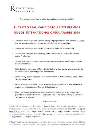 El Teatro Real es candidato a siete premios en los International Opera Awards 2024 El Teatro Real es candidato a siete premios en los International Opera Awards 2024