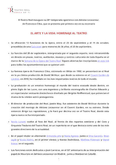 El Teatro Real inaugura su 28ª temporada operística con Adriana Lecouvreur El Teatro Real inaugura su 28ª temporada operística con Adriana Lecouvreur