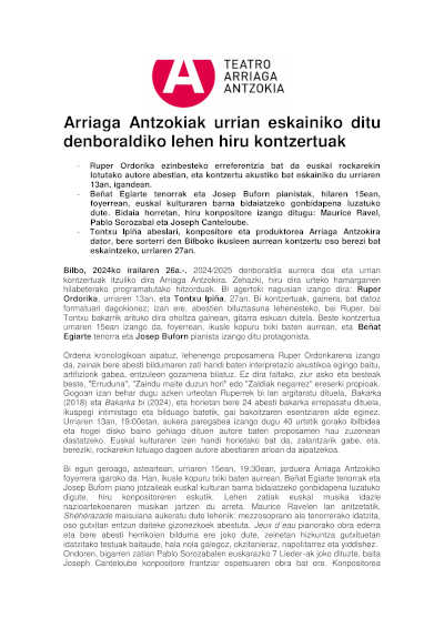 El Teatro Arriaga ofrecerá en octubre los tres primeros conciertos de la temporada El Teatro Arriaga ofrecerá en octubre los tres primeros conciertos de la temporada