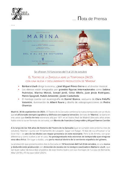 El Teatro de la Zarzuela abre la Temporada 24/25 con una nueva y deslumbrante producción de «Marina» El Teatro de la Zarzuela abre la Temporada 24/25 con una nueva y deslumbrante producción de «Marina»