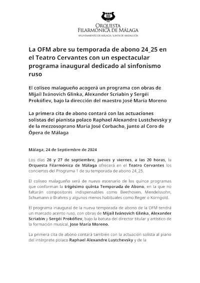 La OFM abre su temporada de abono 24/25 en el Teatro Cervantes con un espectacular programa inaugural