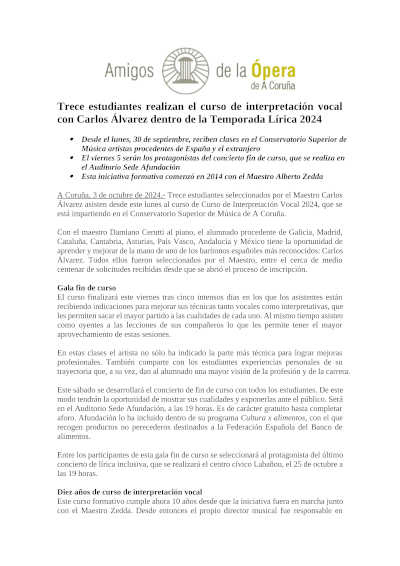 Trece estudiantes realizan el curso de interpretación vocal con Carlos Álvarez dentro de la Temporada Lírica 2024