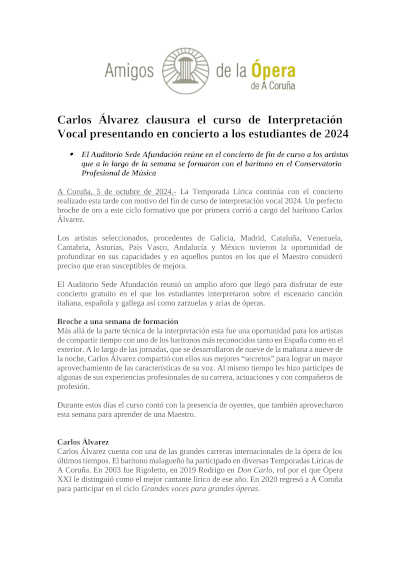 Carlos Álvarez clausura el curso de Interpretación Vocal presentando en concierto a los estudiantes de 2024